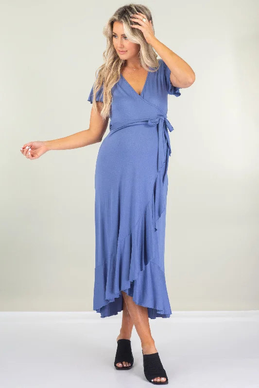 Maternity Faux Wrap Butterfly Sleeve Dress with Ruffles