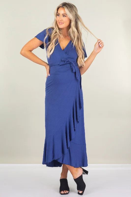 Maternity Faux Wrap Butterfly Sleeve Dress with Ruffles