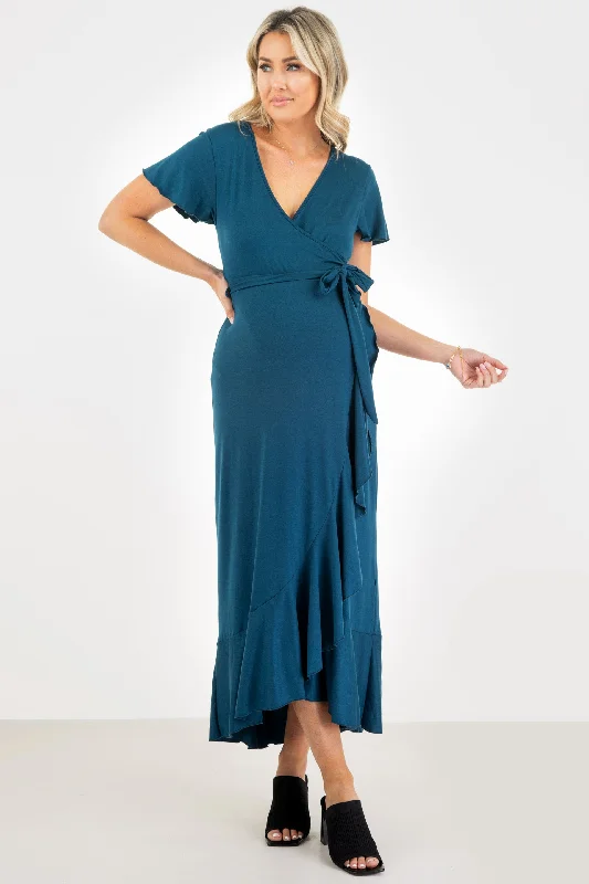 Maternity Faux Wrap Butterfly Sleeve Dress with Ruffles