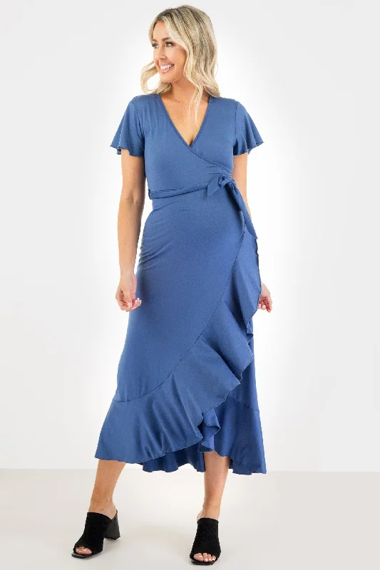 Maternity Faux Wrap Butterfly Sleeve Dress with Ruffles