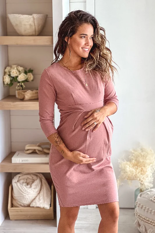 Mauve Maternity Short Dress With Sleeves