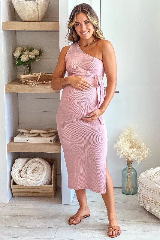 Mauve Ribbed One Shoulder Maternity Midi Dress