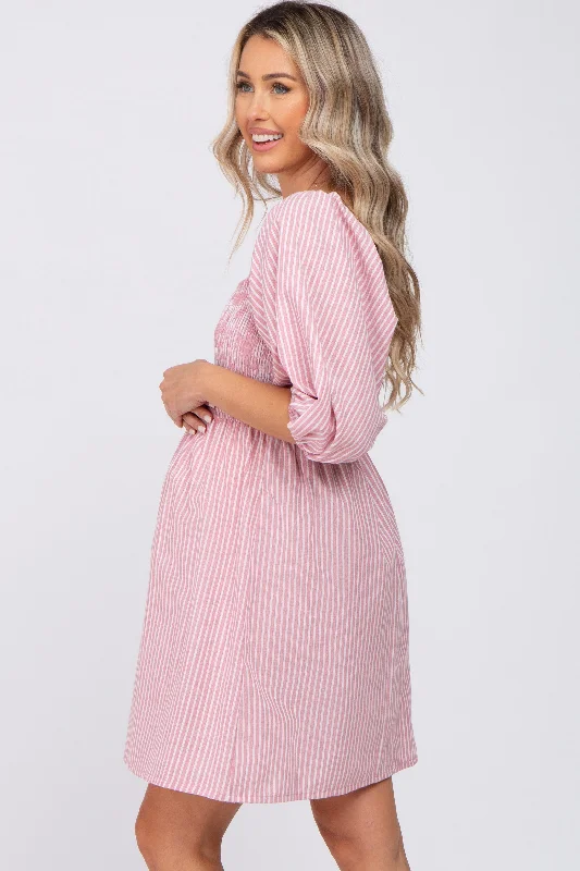 Mauve Striped Smocked Puff Sleeve Maternity Dress