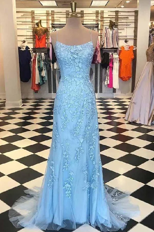 Mermaid Spaghetti Straps Criss Cross Light Blue Lace Long Prom Dresses PG721