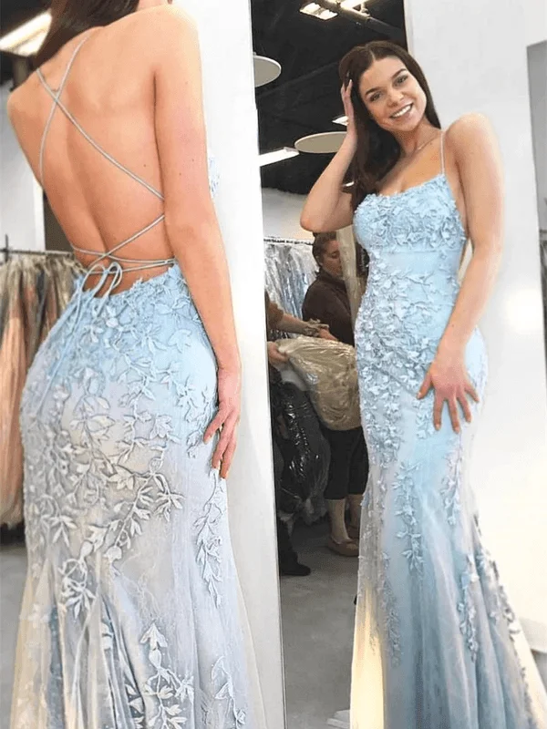 Mermaid Spaghetti Straps Criss Cross Light Blue Lace Long Prom Dresses PG721