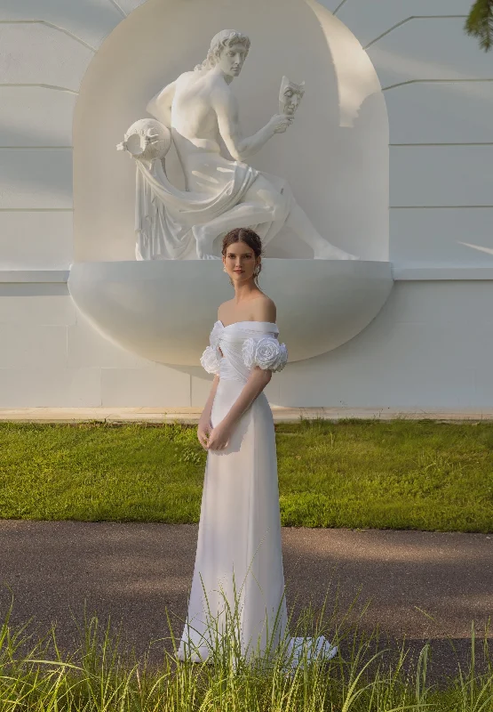 Minimalist Off-the-shoulder Silk Wedding Dress with 3-D Rose Gloves