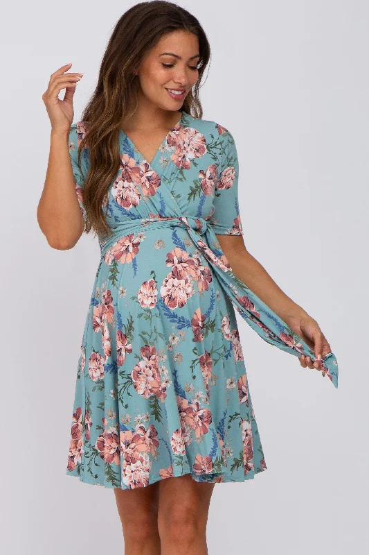 Mint Green Floral Waist Tie Maternity Dress