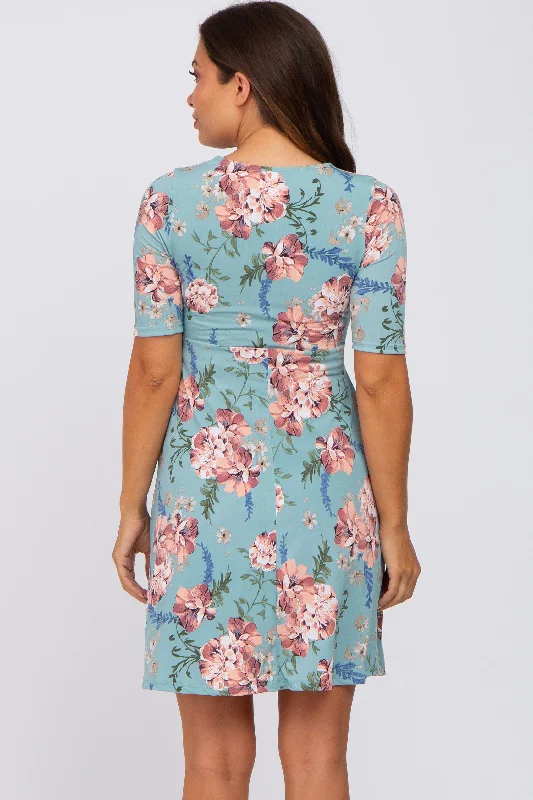 Mint Green Floral Waist Tie Maternity Dress