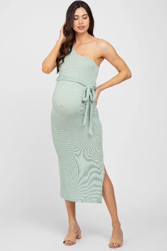 Mint Green Ribbed One Shoulder Side Slit Maternity Midi Dress