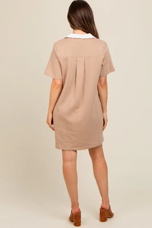 Mocha Contrast Collar Maternity Polo Dress