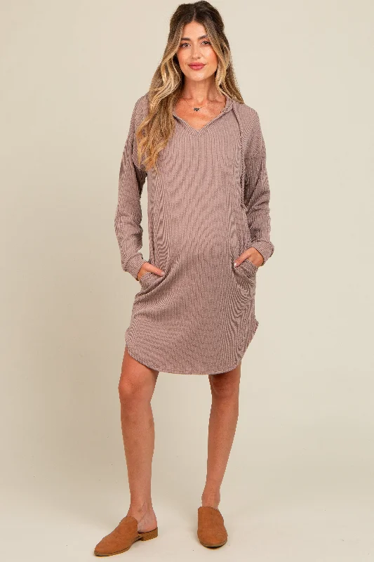 Mocha Ribbed Hoodie Maternity Dress