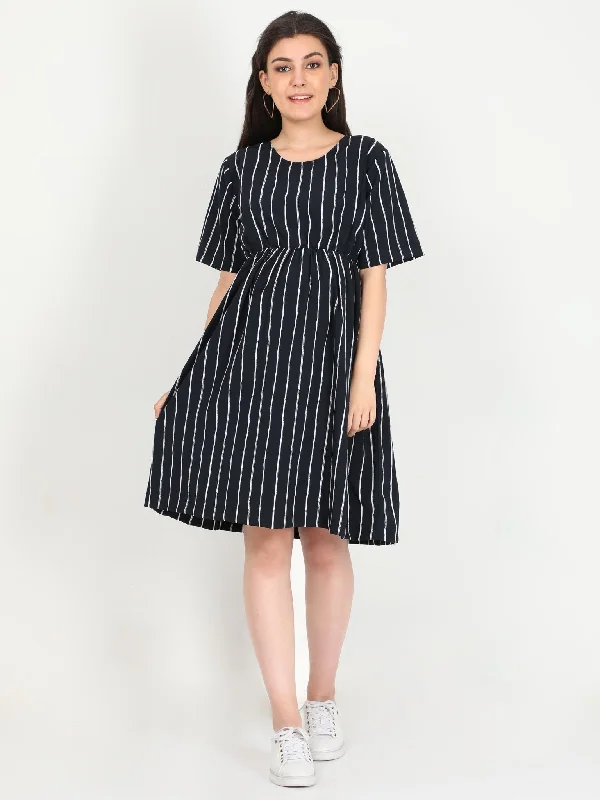 Navy Blue Midi Maternity And Nursing Dress with Elasticated Waist