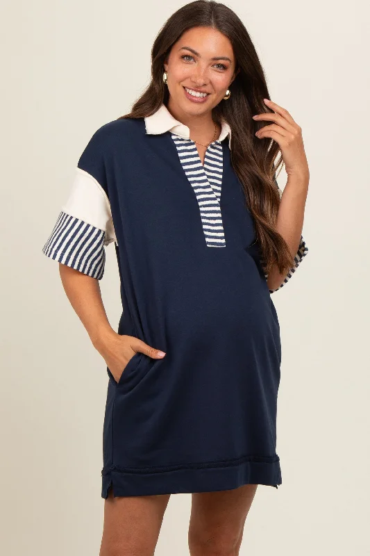 Navy Blue Striped Color Block Collared Terry Maternity Dress