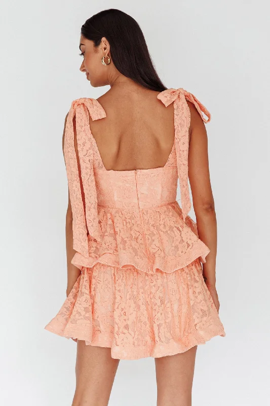 Neriah Tied Shoulder Tiered Lace Mini Dress Orange