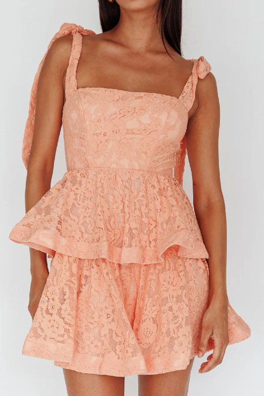 Neriah Tied Shoulder Tiered Lace Mini Dress Orange