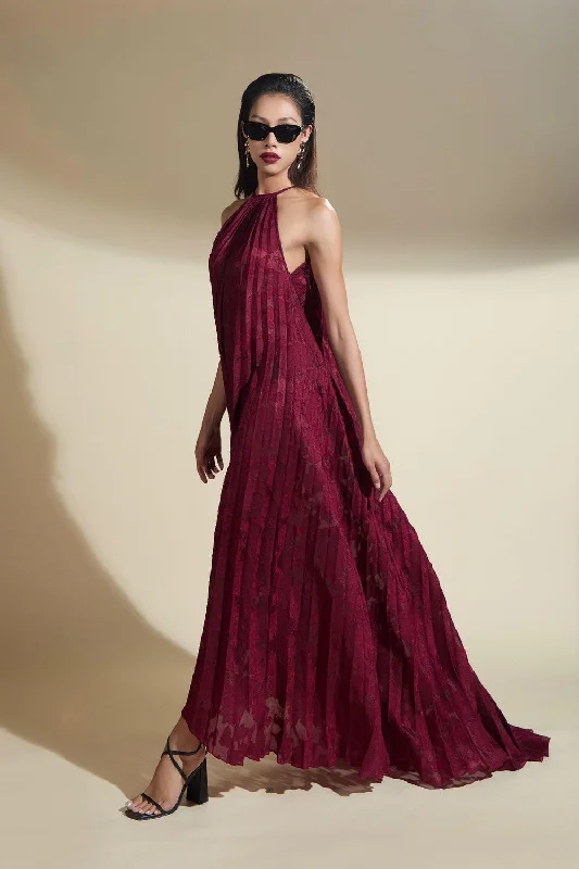 Nicole Halter Pleated Brocade Maxi Dress