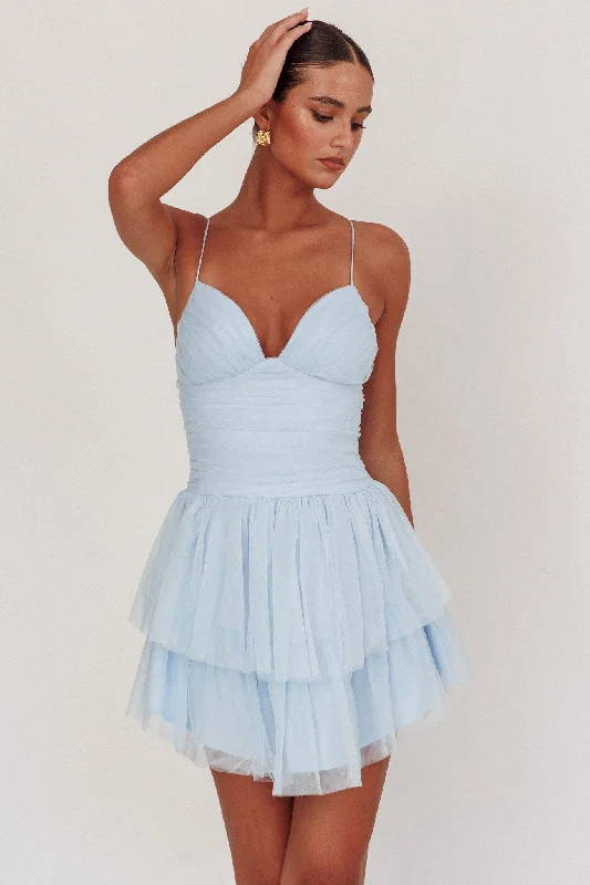 Nightingale Ruched Mesh Mini Dress Baby Blue