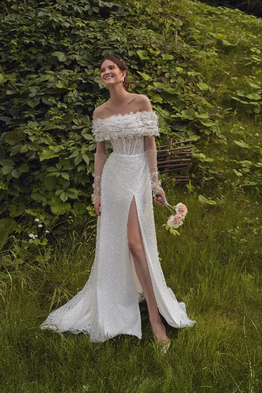 Off-the-shoulder Glitter Wedding Dress with a Front Slit