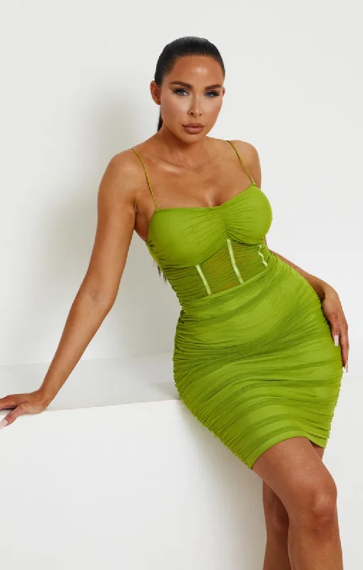 Olive Mesh Ruched Sheer Panel Strappy Bodycon Mini Dress - Hester