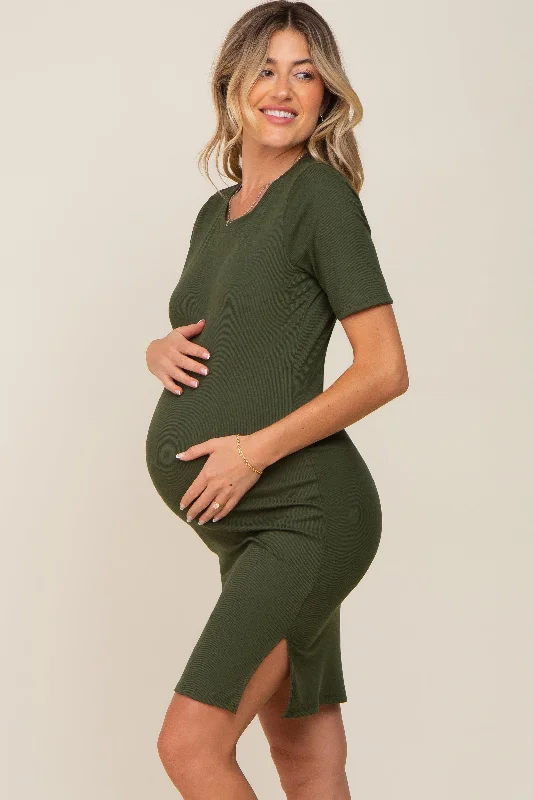 Olive Ribbed Basic Short Sleeve Maternity Dress