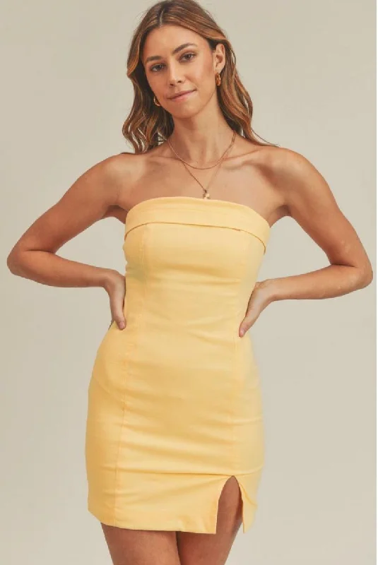 On My Mind Yellow Strapless Mini Dress