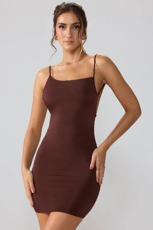 Slinky Jersey Open Back Mini Dress in Espresso