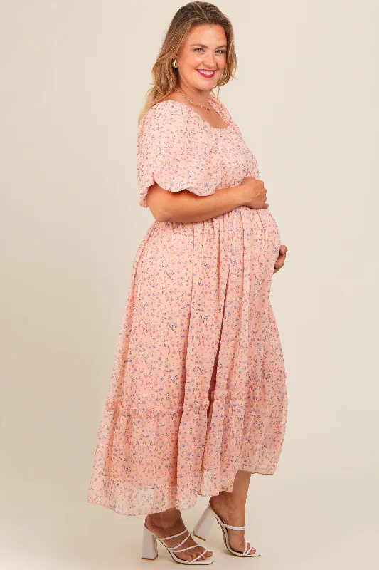 Peach Floral Ruffle Hem Maternity Plus Maxi Dress