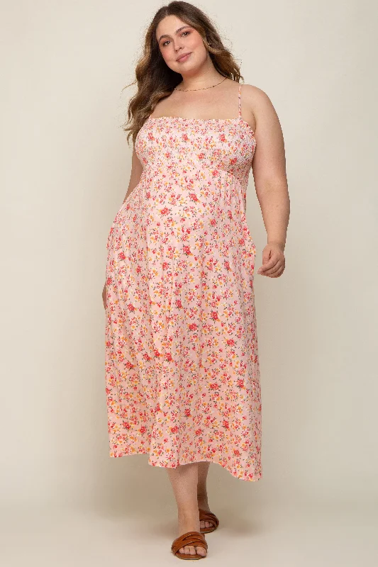 Peach Square Neck Smocked Plus Maternity Midi Dress