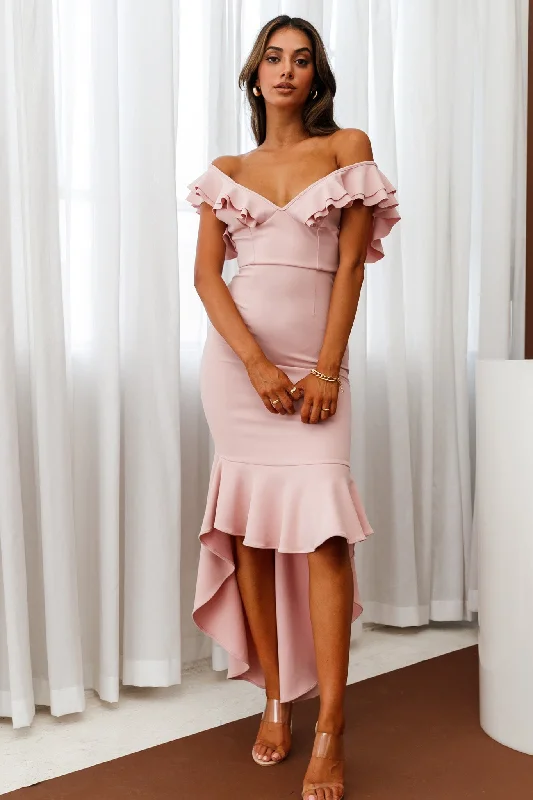 Pearl Ruffle Strap High-Low Hem Dress Blush