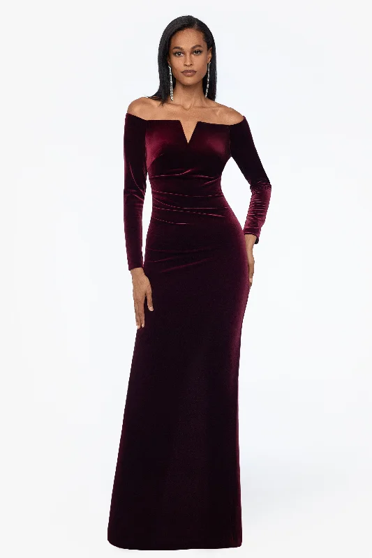 Petite ""Christy"" Long Off the Shoulder Velvet Dress