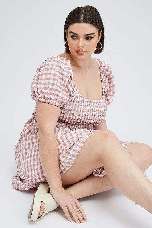 Pink Check Shirred Bodice Mini Dress Gingham