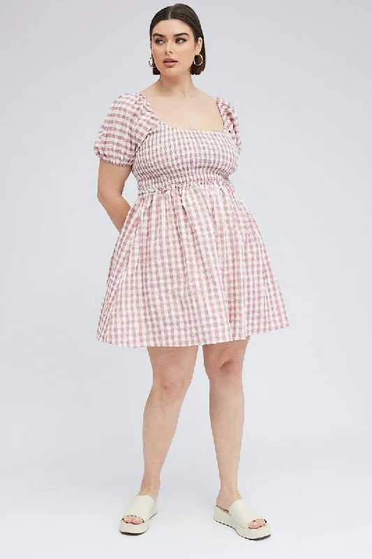 Pink Check Shirred Bodice Mini Dress Gingham