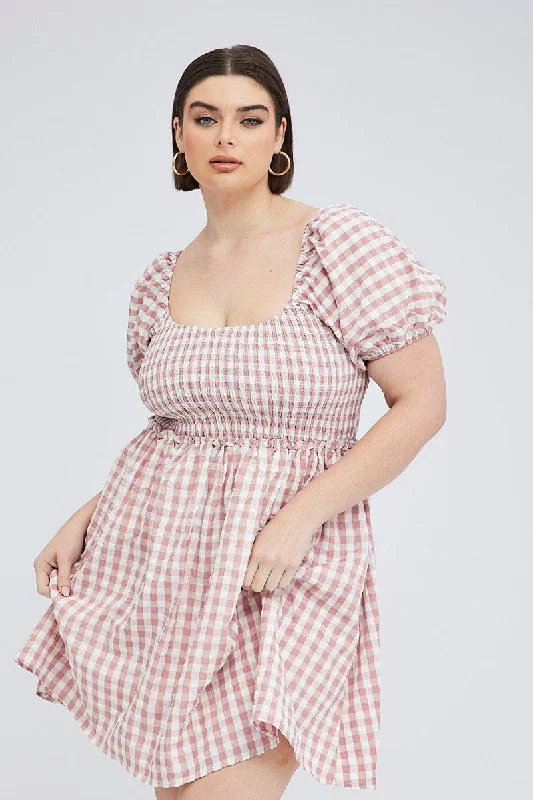 Pink Check Shirred Bodice Mini Dress Gingham