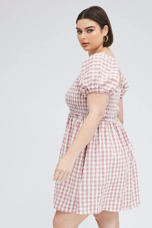 Pink Check Shirred Bodice Mini Dress Gingham