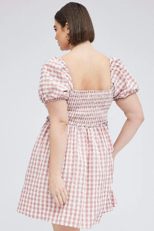 Pink Check Shirred Bodice Mini Dress Gingham