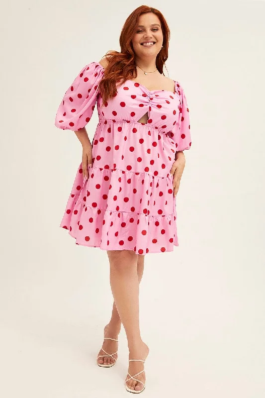 Pink Polka Dot Mini Dress Puff Sleeve Gather Front Peephole