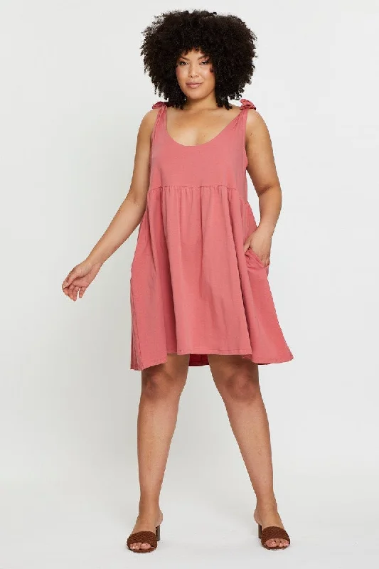 Pink Smock Dress Scoop Neck Sleeveless Tie