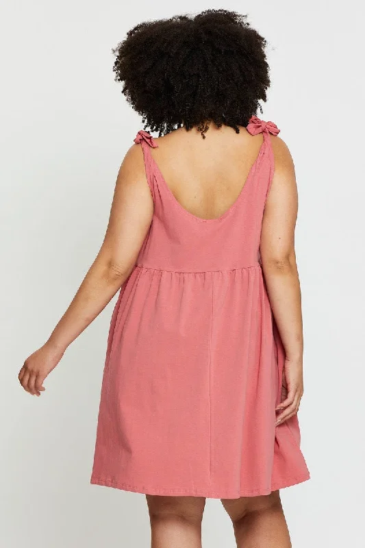 Pink Smock Dress Scoop Neck Sleeveless Tie