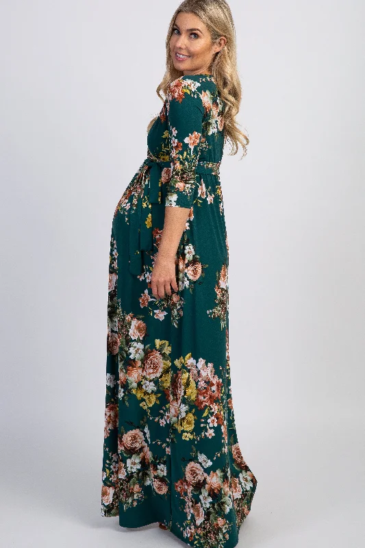 PinkBlush Green Rose Print Sash Tie Maternity Maxi Dress