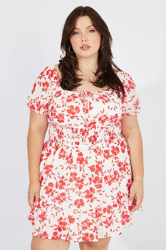 Red Floral Fit And Flare Dress Short Sleeve Ruched Bust