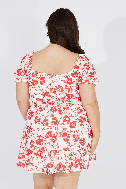 Red Floral Fit And Flare Dress Short Sleeve Ruched Bust