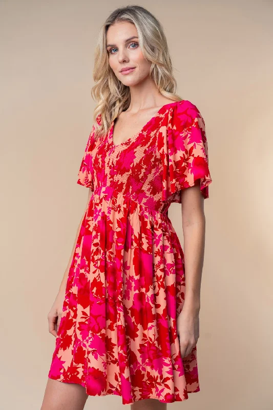 Red Leaf Print Smocked V-Neck Maternity Dress