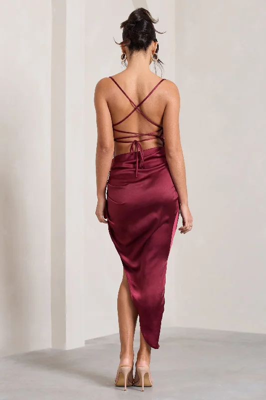 Risk It All | Burgundy Satin Cami Cowl Neck Asymmetric Hem Dress