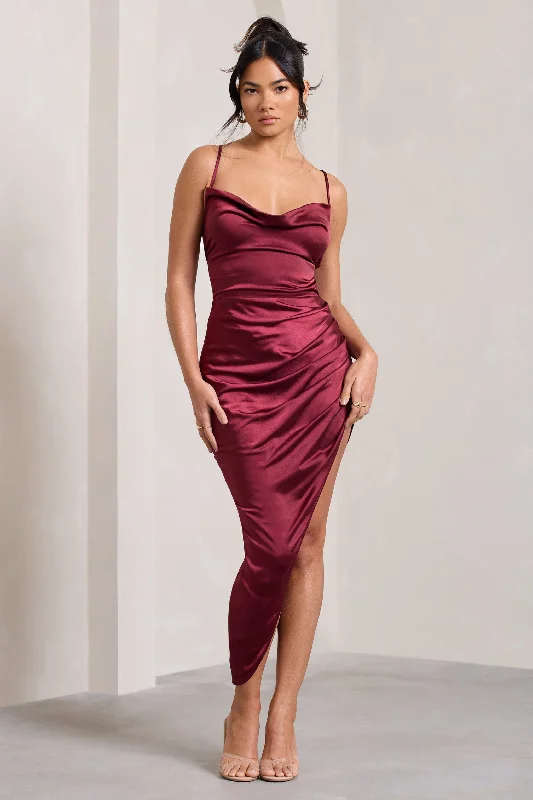 Risk It All | Burgundy Satin Cami Cowl Neck Asymmetric Hem Dress