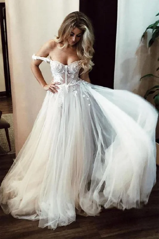 See-Through Off Shoulder Ivory Long Wedding Dress with Appliques  WD363