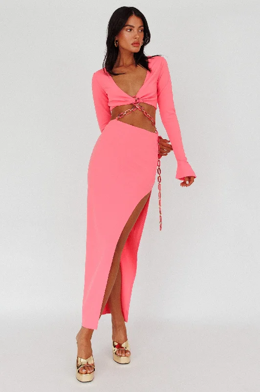 Sigournie Long Sleeve Chain Midi Dress Pink