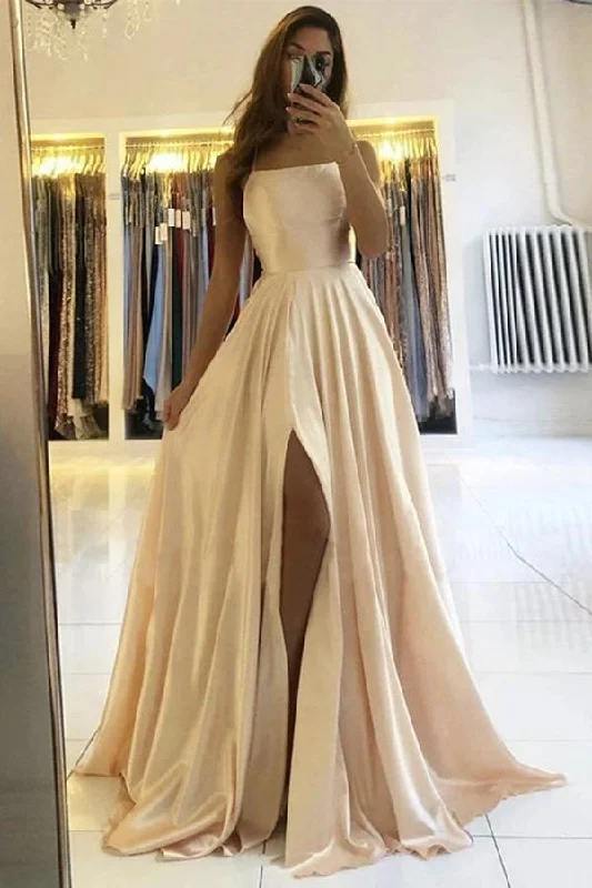 Simple Champagne Satin Long Prom Dress formal Dress With Split PSK229