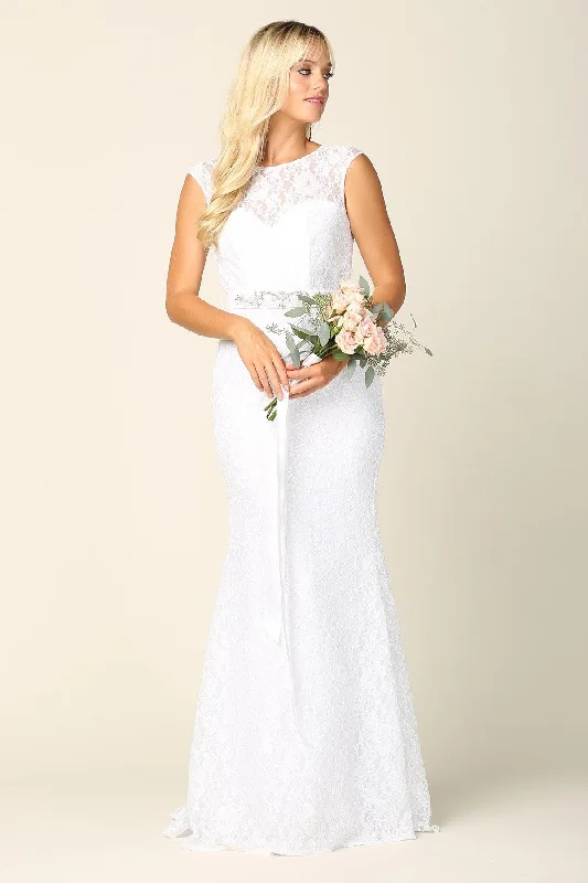 Simple Long Cap Sleeve Belted Lace Wedding Dress