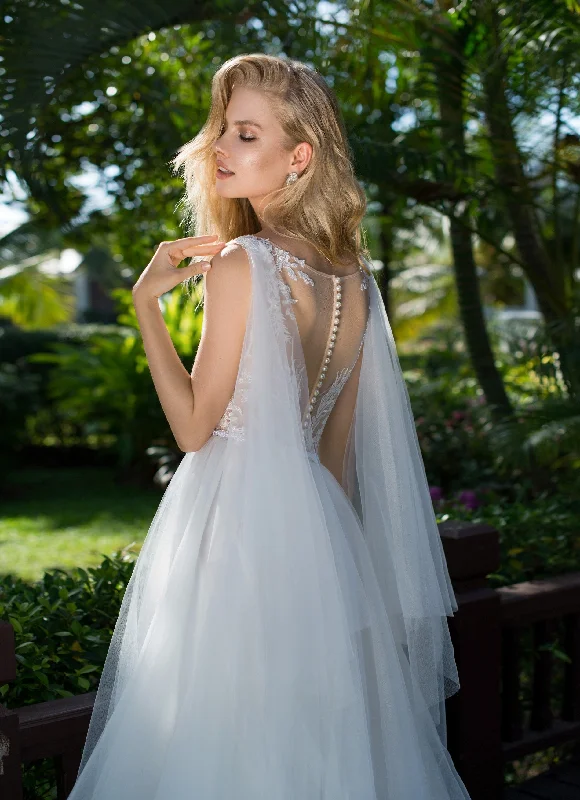 Sleeveless V-Neck  Wedding Gown with Tulle Wings