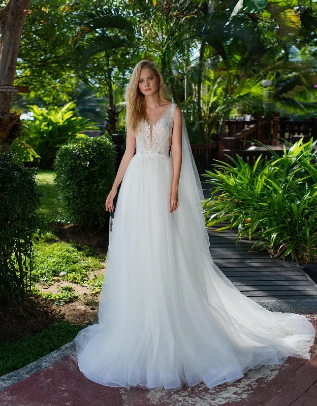 Sleeveless V-Neck  Wedding Gown with Tulle Wings